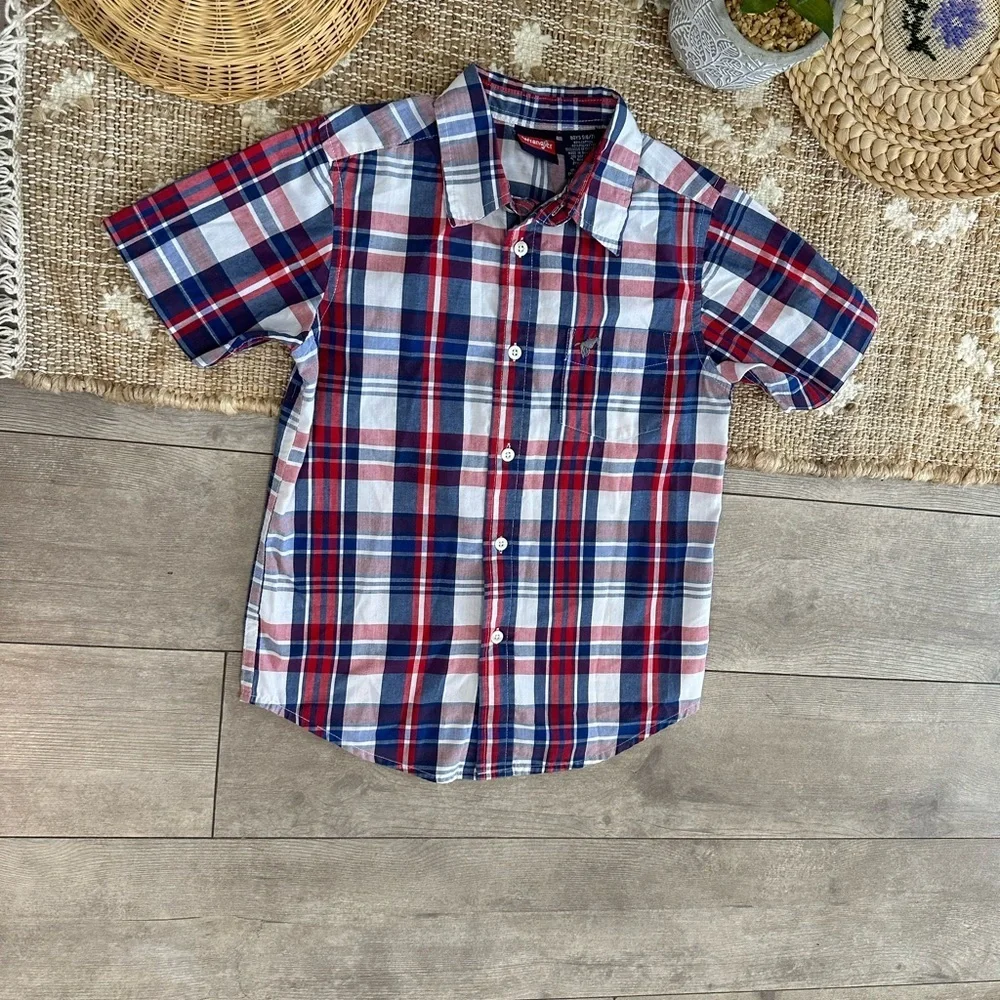 New Wrangler Boys Plaid Button Down Short Sleeve Shirt Size Small Red White Blue